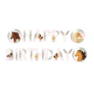 Guirlande happy birthday joli cheval pour enfant rose en carton avec fleurs