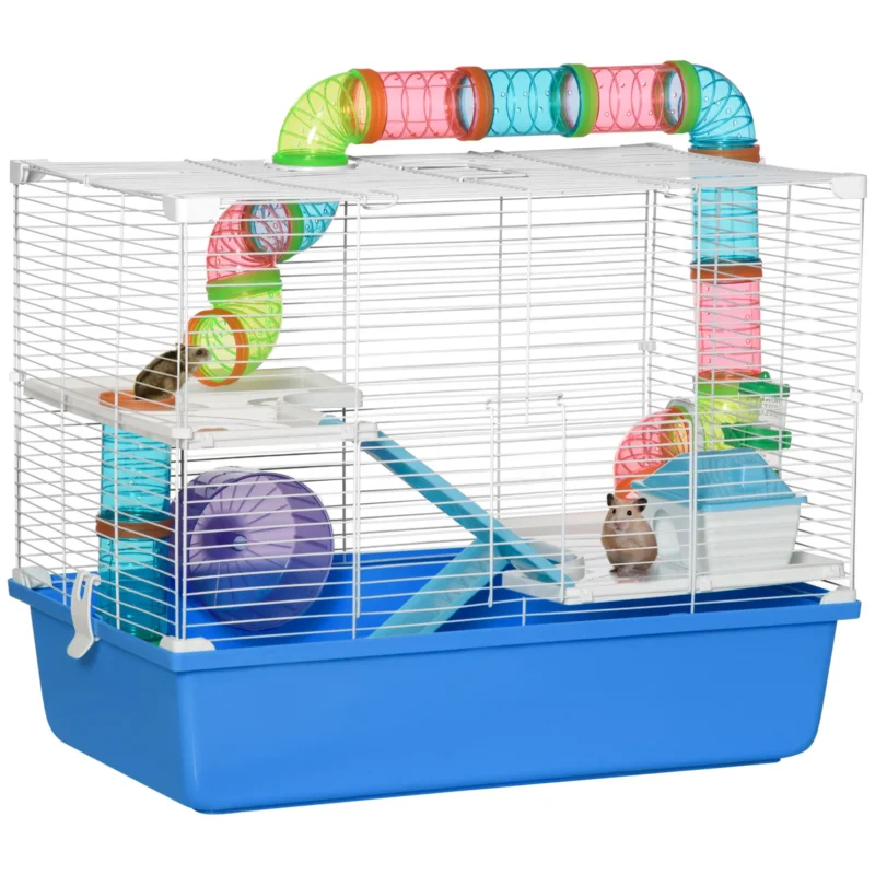 easycomfort easycomfort gabbia per criceti a 3 livelli con tunnel casetta e ruota per criceti 59x36x47cm blu e bianco