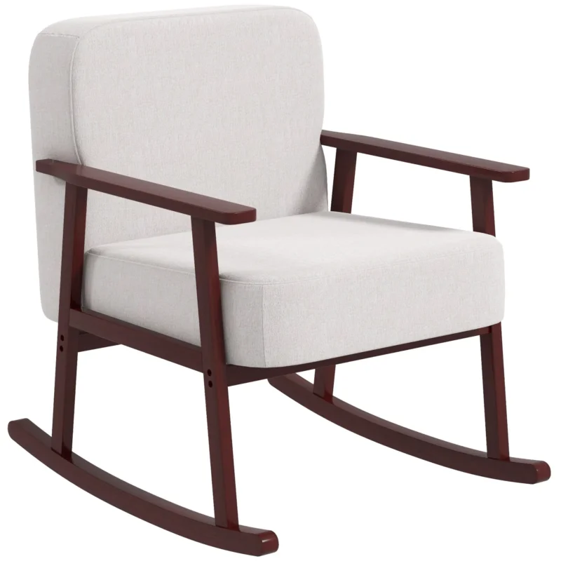 easycomfort easycomfort poltrona a dondolo in tessuto effetto lino e legno con braccioli e cuscini 66x78x76 cm beige e marrone