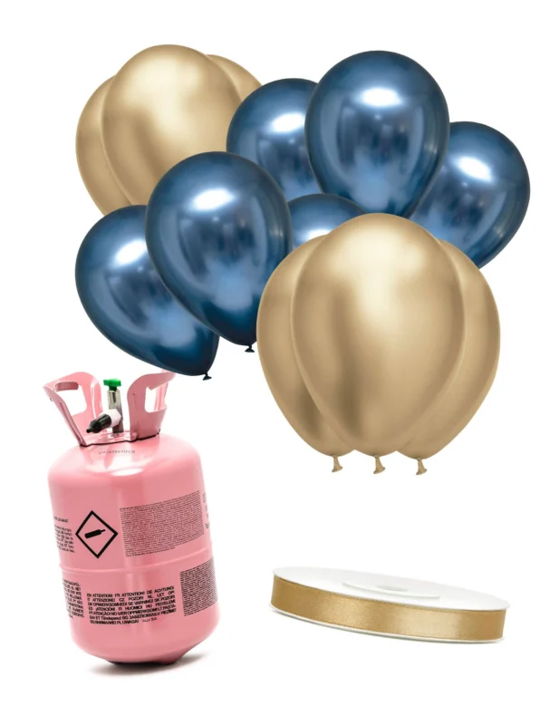 Heliumflaschen-Set mit 12 Ballons blau-gold