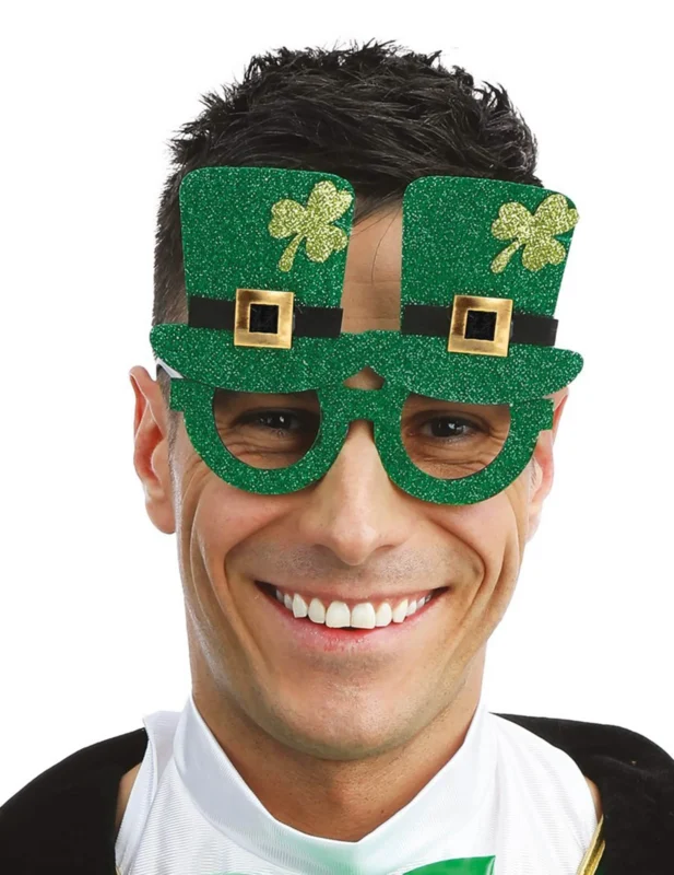 Lunettes chapeaux Saint Patrick pour adulte vertes à paillettes avec trèfles dorés