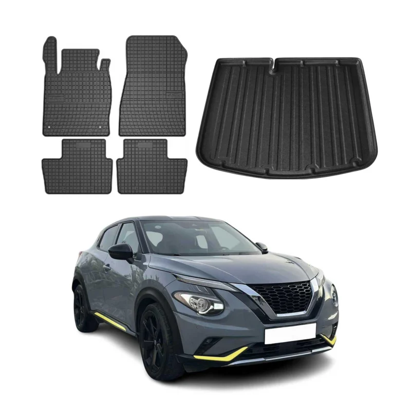Fußmatten & Kofferraumwanne Set für Nissan Juke 2019-2026 Gummi TPE Schwarz 5x
