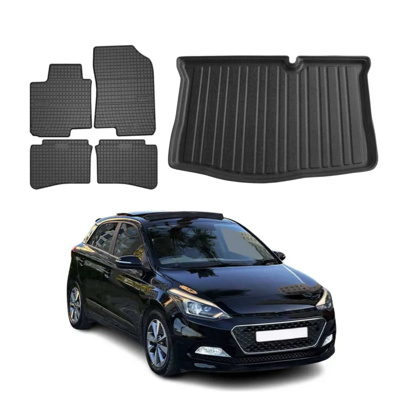 Fußmatten & Kofferraumwanne Set für Hyundai i20 2014-2020 Gummi TPE Schwarz 5x