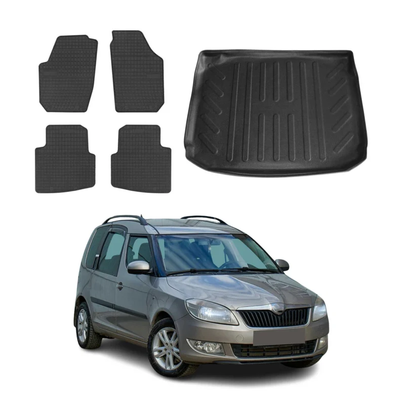 Fußmatten & Kofferraumwanne Set für Skoda Roomster 2006-2015 Gummi Schwarz 5x