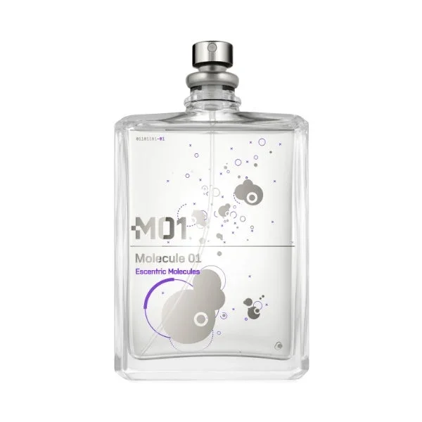 Escentric Molecules - Molecule 01 Parfumflakon aus klarem Glas mit modernem, minimalistischen Design und grafischen Elementen