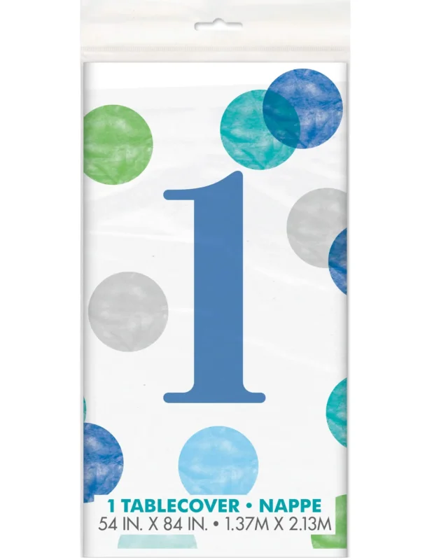 Nappe en plastique 1er anniversaire pour enfant blanche et bleue à pois pastel