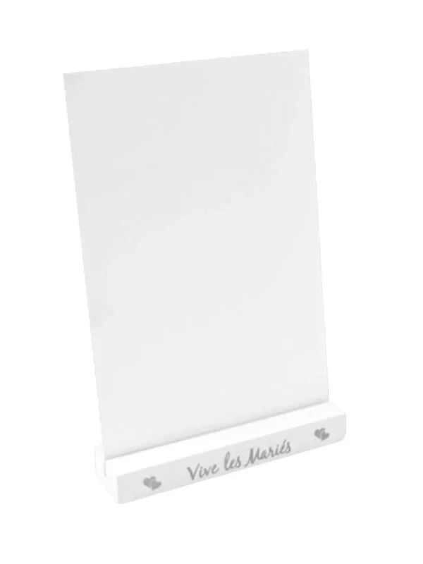 Porte menu en bois Vive les Mariés pour mariage blanc et argenté