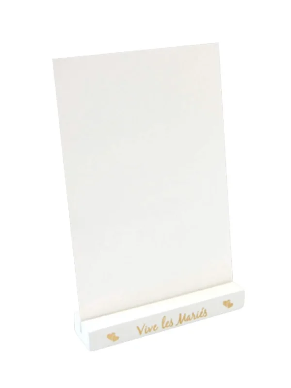 Porte menu en bois Vive les Mariés pour mariage blanc et doré avec cœurs