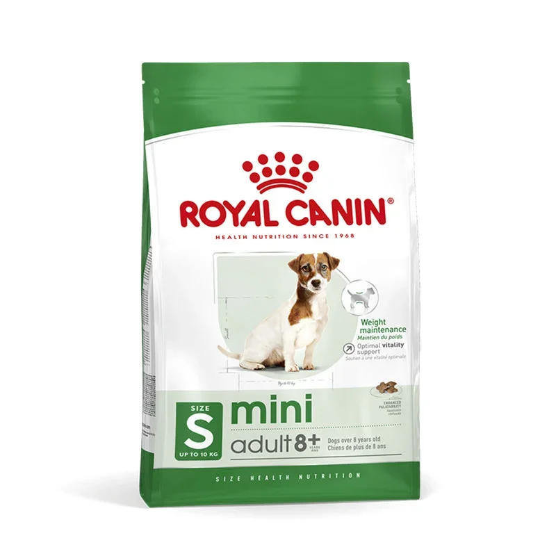 Royal Canin Mini Adult 8+ dry dog food for small dogs up to 10 kg, supporting weight maintenance and vitality