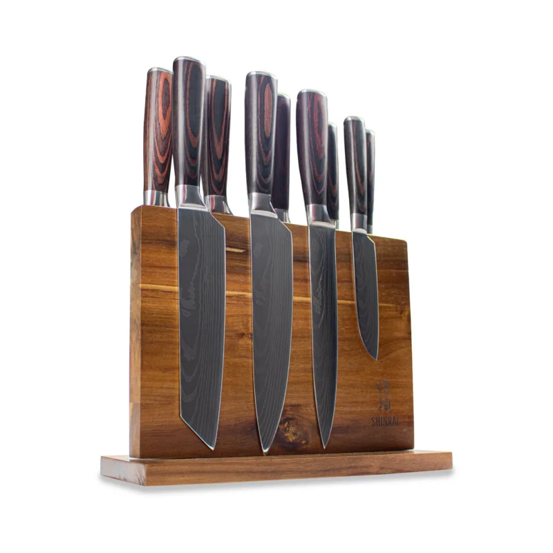 Shinrai Knives - Damascus Print 9-delige Messenset + Magnetisch Messenblok Dubbelzijdig Messenset met blok Shinrai Knives