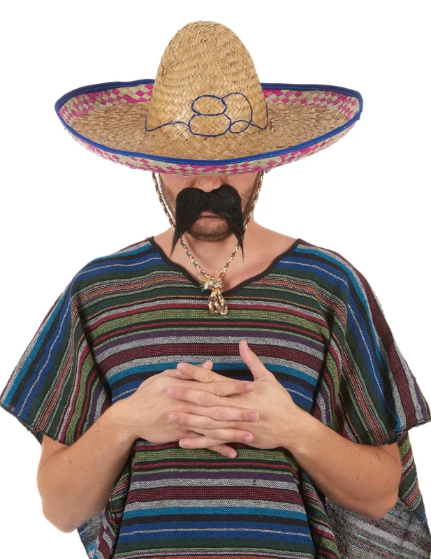 Sombrero mexicain pour adulte en paille avec bordure bleue et rose
