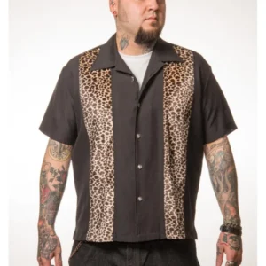 Steady Clothing Herren Leopard Panel Button Up Shirt Schwarz