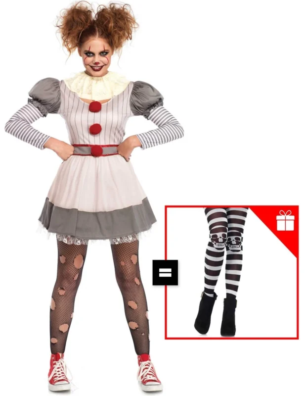Horrorclown-Damenkostüm für Halloween grau-weiss-rot