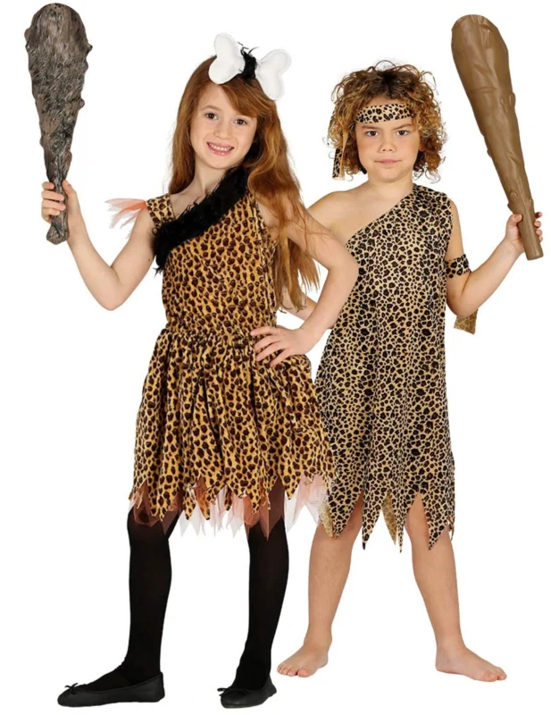Steinzeitmenschen-Paarkostüm für Jungen und Mädchen Faschingskostüm schwarz-braun